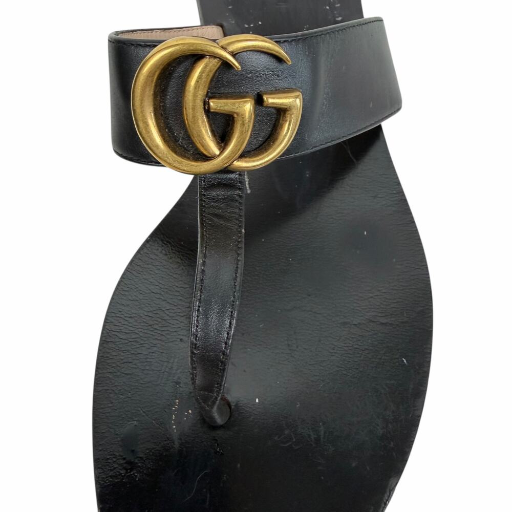 Gucci Black Leather Thong Sandal Gold Double G Logo Size 36.5 - Picture 5 of 14